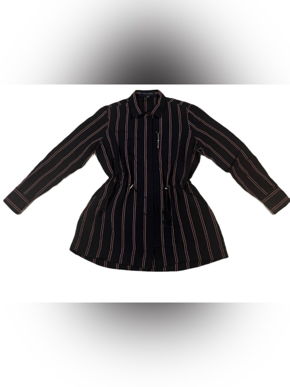 EUC Tommy Hilfiger Navy Red & White PinStripe Zippered Shirt/Shirt Dress Medium - Picture 2 of 13